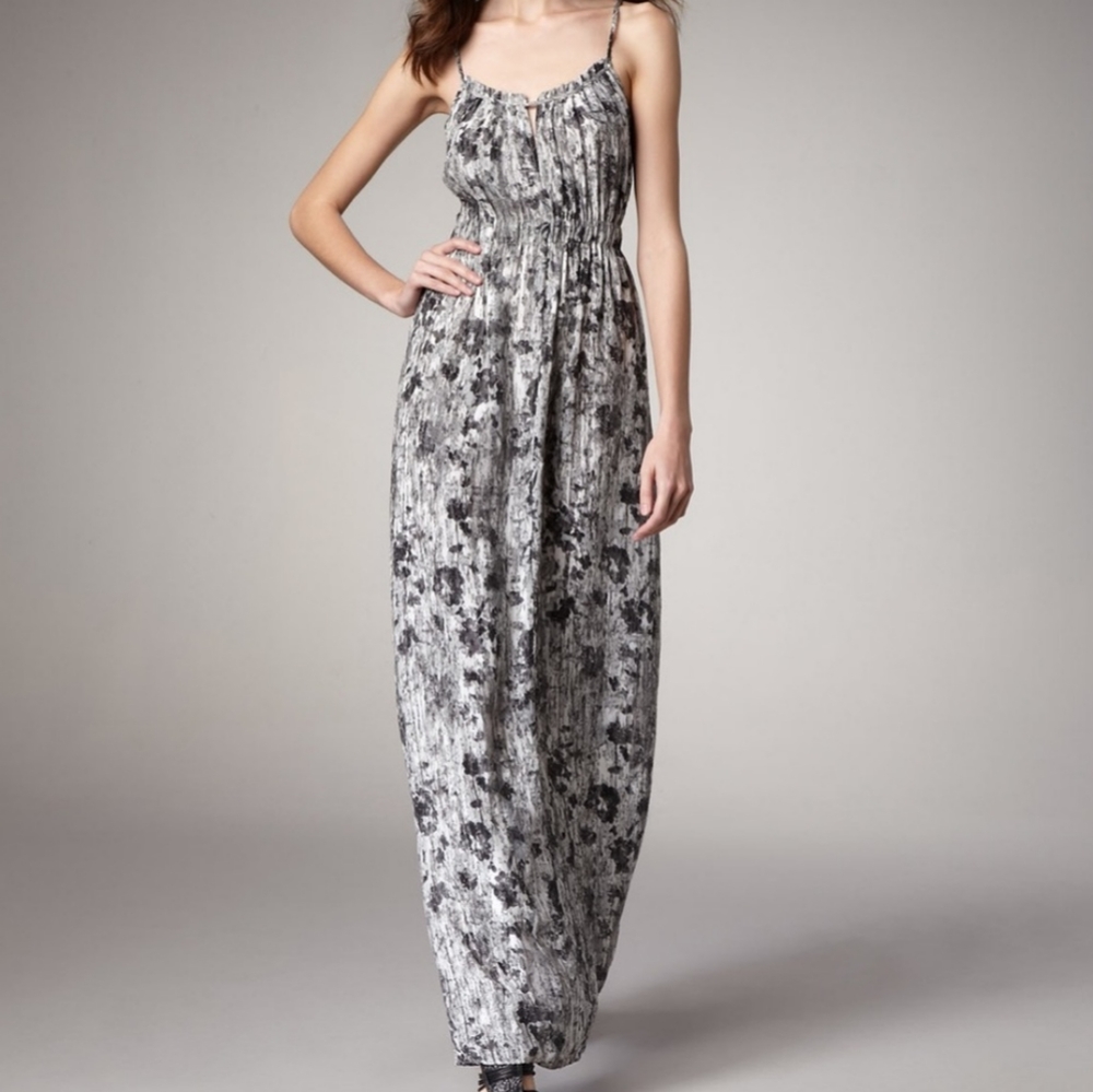 Theory Musea Silk Multi Black Shimmer Floral Maxi Dress